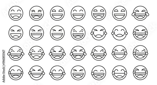 Set of outline laughing emoji faces, graphic illustration