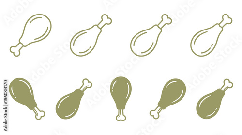 A set of chicken leg icons and drumstick illustrations on a white background, suitable for food, restaurant, or recipe concepts.