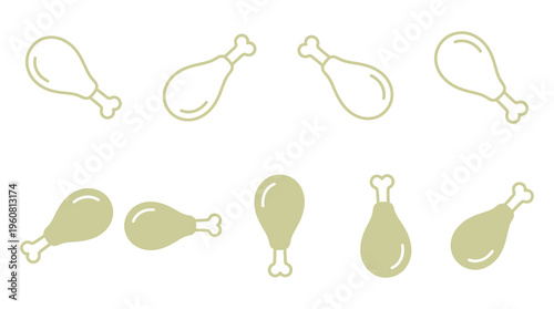 A set of chicken leg illustrations, including outlines and filled shapes in a muted green color, on a white background. Useful for food, restaurant, or recipe concepts.