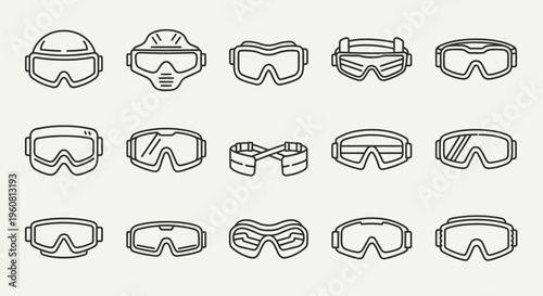 Set of Ski Goggles and Snowboard Goggles Icons, Line Art Collection
