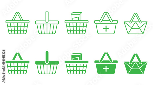 a collection of green shopping basket icons, including some with plus signs and filled with items, on a clean white background, useful for e-commerce, retail, or shopping-related marketing materials