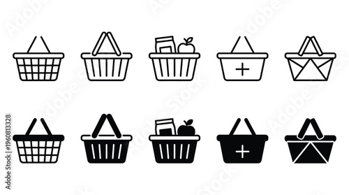 A collection of black and white shopping basket icons, ideal for e-commerce and shopping-related designs, representing online shopping, retail, and grocery concepts.