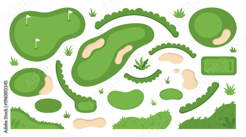 Golf course elements top view green grass sand traps putting greens flags and landscaping for game design and sports illustration