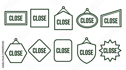 A set of green outlined icons with 'close' text in different shapes, used for sales, promotions, or clearance tags in marketing and advertising materials.