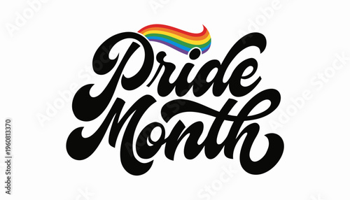 Pride Month lettering with rainbow flag. LGBTQ+ community celebration, gay pride slogan, vector illustration isolated on white background. Concept Pride Month.