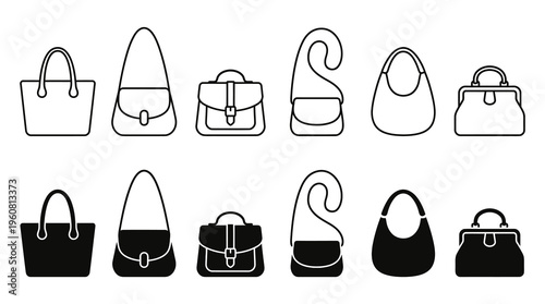 A set of black and white illustrations of different handbags and purses, showcasing various styles and designs, ideal for use in fashion marketing, advertising, or educational materials.