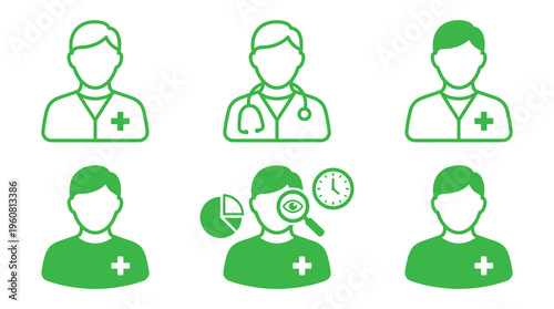A set of green icons featuring doctors and medical symbols, representing healthcare and analysis. This image can be used for medical, health, and business concepts.