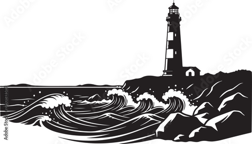 Dramatic Black and White Lighthouse Ocean Waves Illustration Art