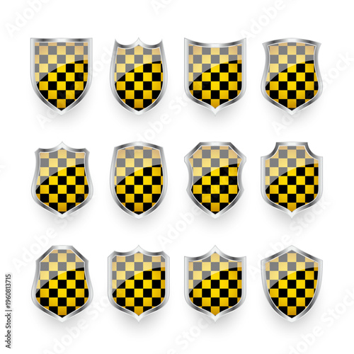 Glossy shields with yellow and black pattern. Security and protection concept. Cyber safety icons, internet privacy, web defense, digital data protection and antivirus themes. Vector illustration