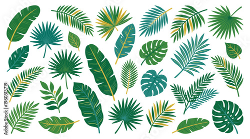 Vibrant collection of tropical palm leaves and exotic foliage in various shades of green and gold, perfect for summer and nature designs