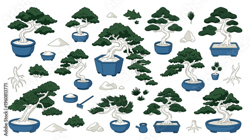 Collection of diverse bonsai trees in blue pots, miniature trees, gardening elements, and decorative stones, artistic illustration for nature and hobby themes