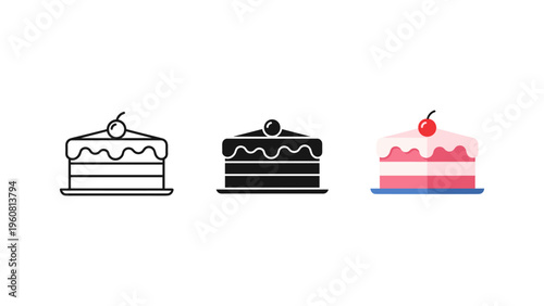 three layered cakes with decorative toppings flat design vector illustration