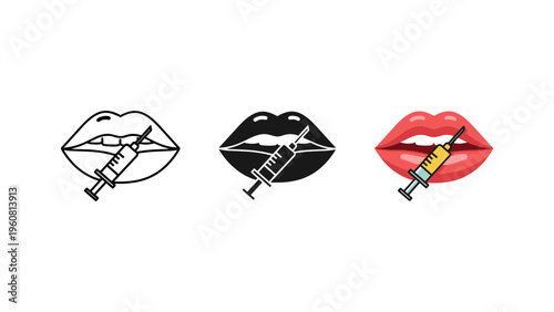 three stylized lips with zipper closing mouth vector illustration flat design
