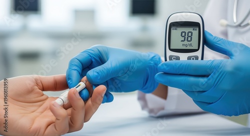 Healthcare professional in blue gloves uses glucose meter showing 98 mg/dL reading while taking patient's finger sample for diabetes monitoring and blood glucose testing in medical setting.