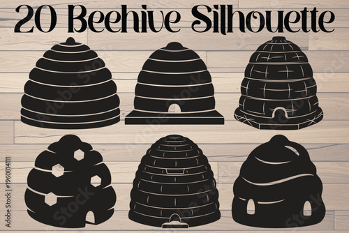 Beehive silhouettes, honeycomb icons, black illustrations, 20 beehive shapes