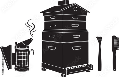 Beehive, beekeeping tools, smoker, vector icons, black and white