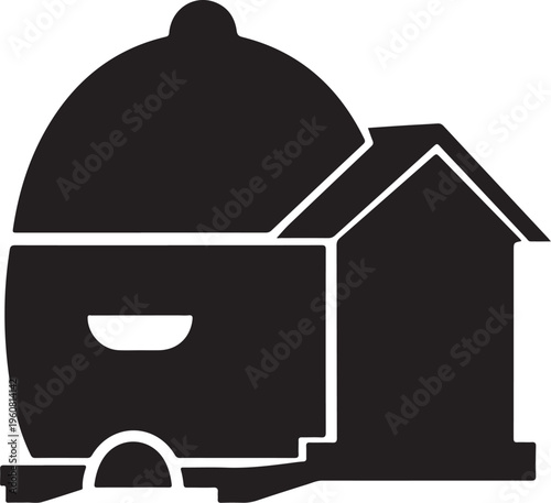 Black, modern farmhouse, barn, silo vector icon, rural landscape symbol