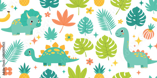 Colorful illustration of dinosaurs and tropical leaves on white background for kids