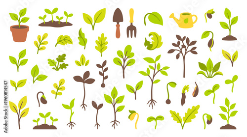 Collection of diverse green plant seedlings and sprouts in various stages of growth with gardening tools and watering can symbolizing nature and new beginnings