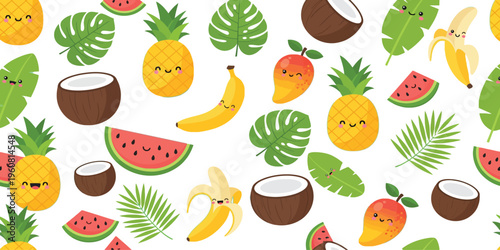 Colorful tropical fruit pattern with pineapples bananas coconuts and watermelons on white background
