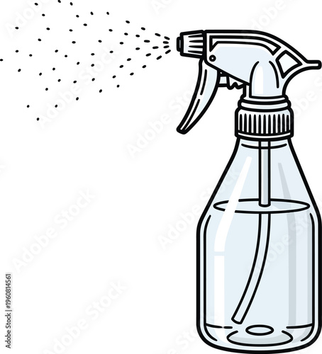 Clear plastic trigger spray bottle ejects fine droplets in a focused.