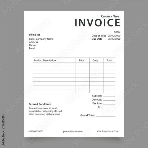 Ultra Minimalist Black and White Business Invoice Vector Template EPS