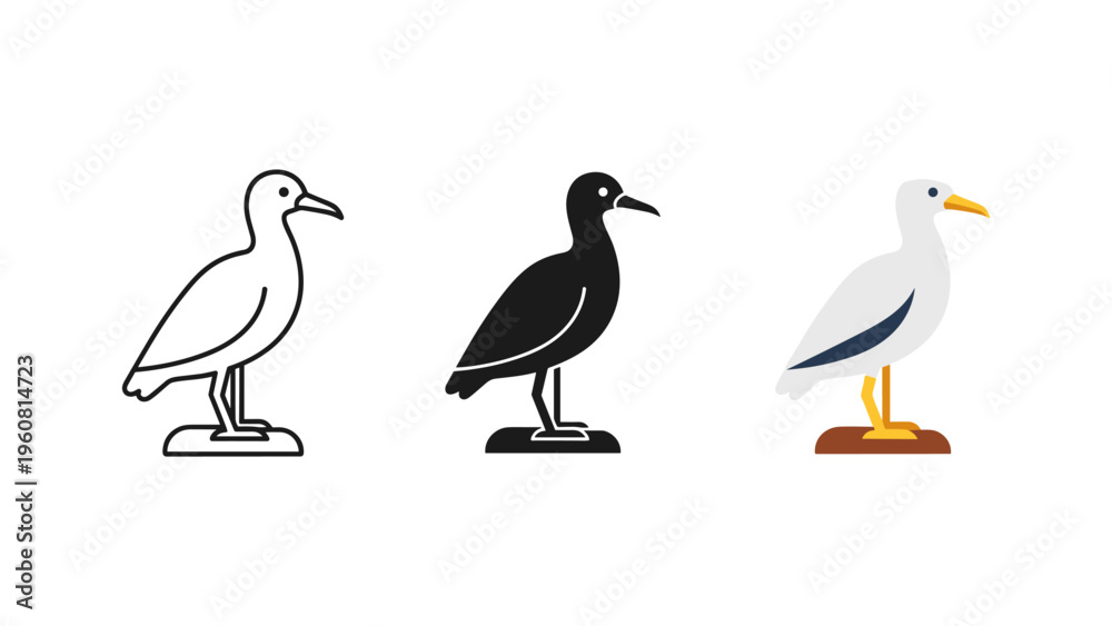 Fototapeta premium three seabirds standing on wooden blocks flat design vector illustration