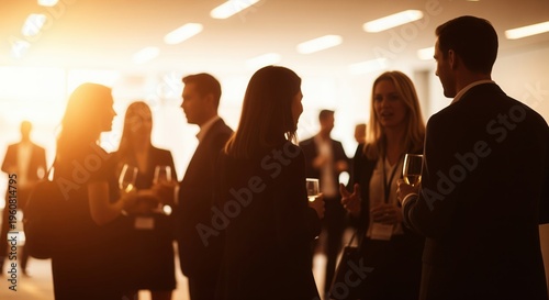 Well-dressed people gather in a modern space with warm lighting, holding drinks and conversing at a social event. The elegant atmosphere represents networking and professional celebrations.