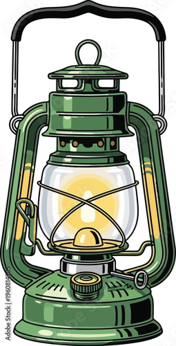 Green vintage kerosene hurricane lantern shows a warm glowing light inside.