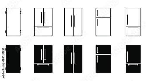 a collection of refrigerator icons in black and white, useful for design and illustration projects, kitchen appliances