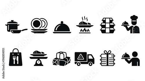 A set of black and white icons related to food delivery, including dishes, chef, truck, and gift, useful for marketing, advertising, and business concepts.