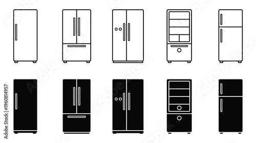 a collection of black and white line drawings of refrigerators in various styles and designs for use in graphic design or marketing materials