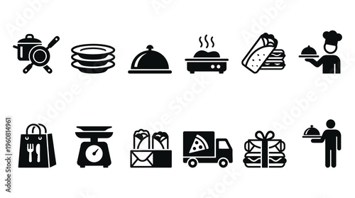 A collection of black and white icons related to food delivery, including dishes, chef, shopping bags, and trucks, useful for marketing, advertising, and business concepts.