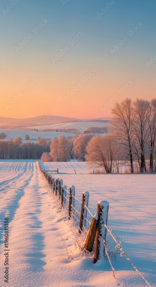 Fototapeta premium A peaceful, snowy winter landscape covering open fields and distant rolling hills, featuring frosted trees and an old wooden fence line under soft light, vista, tranquil, frozen