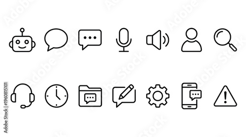a set of black line icons representing various communication and technology concepts, including chatbots, messaging, audio, and settings, useful for web design, mobile apps, and software development