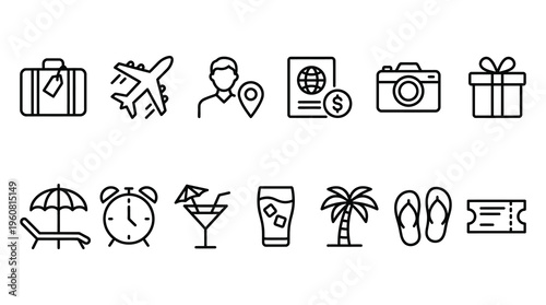 a collection of black line icons representing travel and vacation concepts, including luggage, airplane, camera, and cocktail