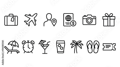a collection of black line icons representing travel and vacation concepts, including luggage, airplane, camera, and cocktail, useful for marketing, advertising, and travel-related businesses
