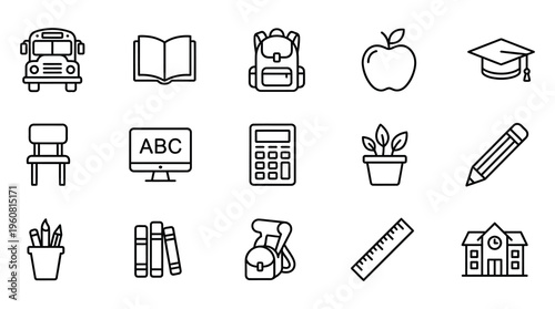 A collection of line icons representing education and school concepts, including a bus, books, apple, graduation cap, and more. Useful for educational materials, websites, and marketing.