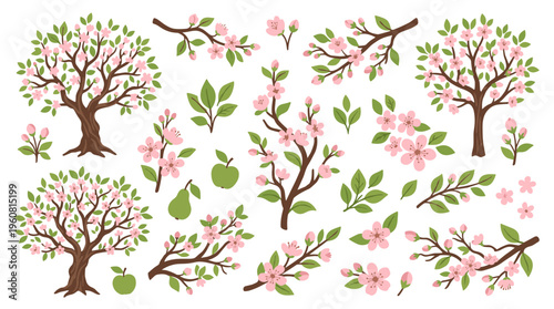 Spring blossom trees and branches with delicate pink flowers and green leaves, set against a clean white background, evoking a sense of renewal and natural beauty.