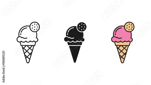 three colorful ice cream cones with different flavors flat design vector illustration