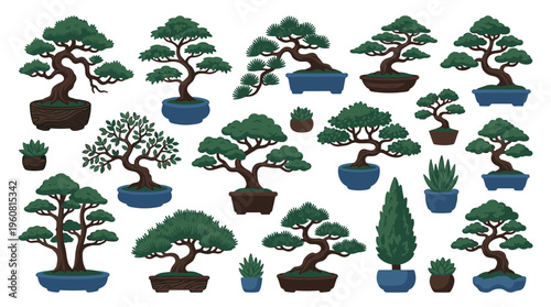 Collection of diverse pixel art bonsai trees in pots, showcasing various styles and species, symbolizing nature, patience, and art