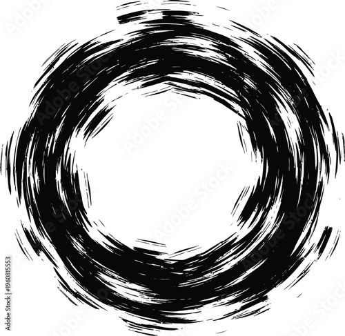 Abstract black ink brush stroke circle graphic design element resembling an ensō symbol against a white background