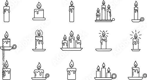 Collection of various black outline vector graphic illustrations depicting lit candles with dripping wax and candle holders for design elements.