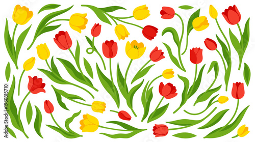 Vibrant Red and Yellow Tulips Scattered Across a White Background, Spring Floral Pattern, Fresh Blooming Flowers, Elegant Botanical Illustration