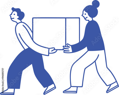 Two people carrying box together flat illustration isolated on white background. Teamwork and moving service concept with delivery workers in minimal style. Modern graphic for logistics, relocation 