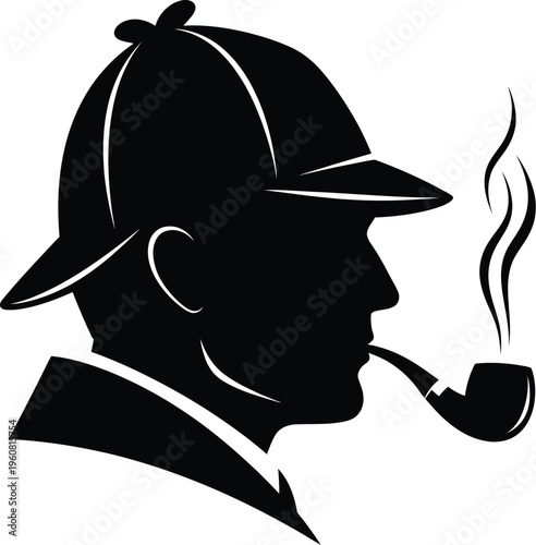Silhouette vector graphic illustration depicting a classic detective figure wearing a deerstalker hat and thoughtfully smoking a curved pipe