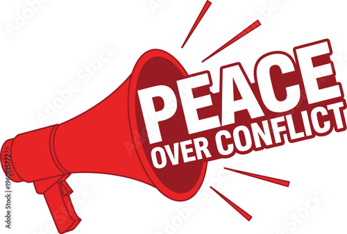 A vibrant red vector graphic megaphone broadcasting an urgent message of peace over conflict, symbolizing a strong call for global harmony and resolution.