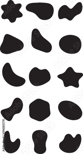 Abstract organic blob shapes set black liquid drops and irregular amoeba silhouettes for modern branding