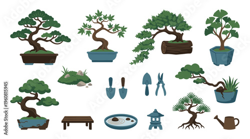 Collection of stylized bonsai trees and gardening tools in a flat design style, representing nature and hobbies