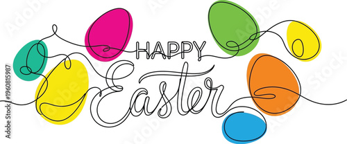 Minimalist continuous line art vector graphic illustration featuring brightly colored abstract easter eggs surrounding happy holiday lettering design.